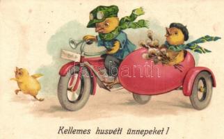 Kellemes Húsvéti Ünnepeket! / Easter greeting art postcard with chicken in motorbicycle. EAS 1274. litho