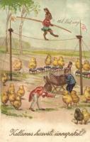 Kellemes Húsvéti Ünnepeket! / Easter greeting art postcard with rabbit circus acrobats and chicken. WSSB 8213. litho
