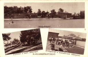 Kakasszék-fürdő (Orosháza), Strandfürdő, fürdőzők, parti sétány, Hidegfürdő a szanatórium látképével (EK)