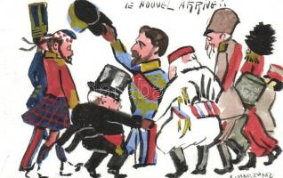Le Nouvel Arrivé!! / Miklós orosz cár. Kézzel festett művészlap / Nicholas II of Russia. Hand-painted art postcard, artist signed