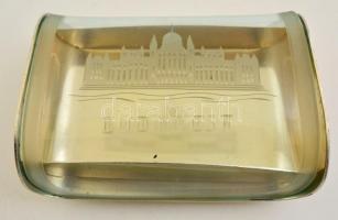 Fém "Budapest" feliratú névjegykártyatartó, homokfújt üveg Országházzal képpel, jó állapot...