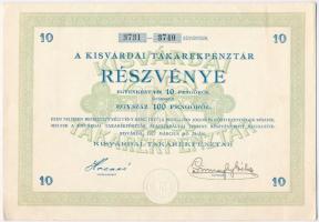 Kisvárda 1927. A Kisvárdai Takarékpénztár részvénye egyenként 10P-ről szelvényekkel és szárazpecséttel T:I-