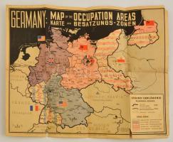 cca 1945-49 Németország térkép a megszállási zónákkal, szakadozott, az egyik hajtás mentén hiánnyal, ceruzás aláhúzásokkal, német és angol nyelven, 42x51 cm./  cca 1945-49 Germany map, with the occupation areas, damaged, in German and English language, 42x51 cm.
