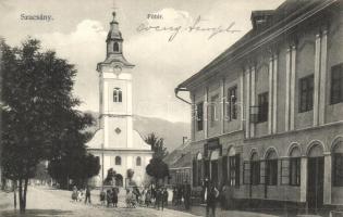 Szucsány, Sjucsány, Sucany; Fő tér, templom, Strelinger József üzlete és saját kiadása / square, church, shop