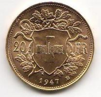 Svájc 1947B 20 Frank aranypénz / Gold 6,452 gr (0,900) T: kiváló