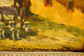 Németh jelzéssel: Faluszéle, kocsival. Olaj, falemez, jelzett, keretben, hibás, 13×18 cm