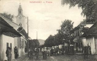 Szucsány, Sjucsány, Sucany; Fő utca, templom / main street with church