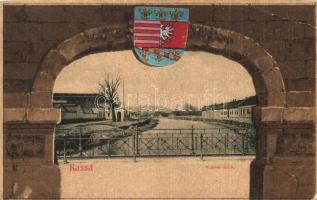 Kassa, Kosice; Malom-árok. Címeres litho keret. Nyulászi Béla kiadása / mill race. Coat of arms litho frame (EB)