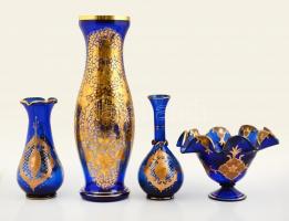 Aranyozott kék üvegtárgyak (vázák, asztali dísztál), jelzés nélkül, kopásnyomokkal, 4 db, m: 21, d: 28 cm, m: 54 cm, 29 cm, 30 cm
