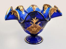 Aranyozott kék üvegtárgyak (vázák, asztali dísztál), jelzés nélkül, kopásnyomokkal, 4 db, m: 21, d: ...