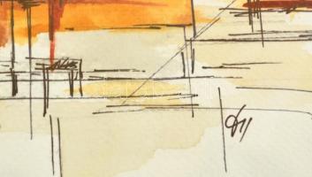 Kun Sarolta (1990- ): Felső Pest. Akvarell-tus, papír, jelzett, üvegezett keretben, 40×30 cm