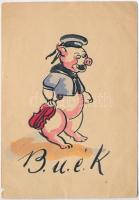 BUÉK / New Year greeting art postcard with pig mariner (tear)