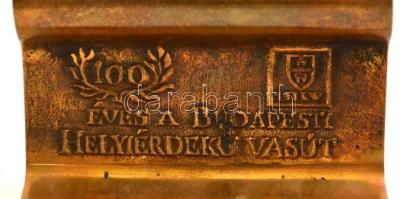 cca 1987 100 éves a Budapesti Helyiérdekű Vasút, bronz emlék síndarab, jelzett, eredeti díszdobozába...