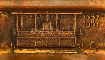 cca 1987 100 éves a Budapesti Helyiérdekű Vasút, bronz emlék síndarab, jelzett, eredeti díszdobozába...