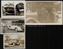 cca 1930 Régi idők kocsija, 4 db autómobilos fotó, az egyik hátulján feliratozva, különböző méretben