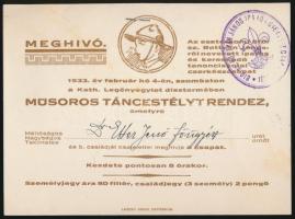 1933 Meghívó az esztergomi 810. sz. Bottyán Jánosról nevezett iparos és kereskedő tanonciskolai cserkészcsapat műsoros táncestélyére, tiszteletjeggyel, 10,5x14,5 cm