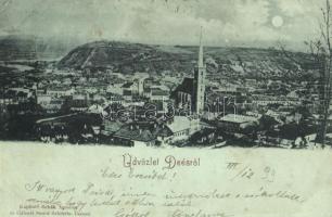 1899 Dés, Dej; látkép, templom. Kapható Rehák Ágoston és Gálocsi Samu üzleteiben / general view, church (apró szakadás / tiny tear)