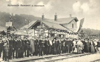 Hammerl (Steiermark), Haltestelle / opening ceremony of the railway station of Rudolfsbahn, decorated station building