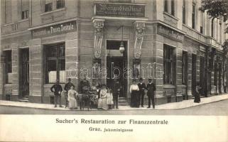 Graz, Sucher's Restauration zur Finanzzentrale, Weingrosshandlung Wilhelm Flaschner, Jakominigasse / restaurant and wine wholesale