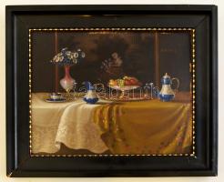 Reiner jelzéssel: Asztali csendélet. Olaj, falemez, keretben, 20×26 cm