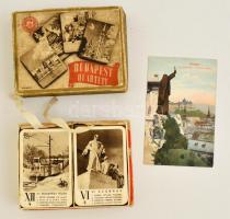 cca 1941 Budapest Quartett kártyajáték, teljes, egy sérült lappal + 1 db képeslap