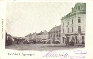Zalaegerszeg, Fő tér, piac, Heincz János üzletei, Breisach Sámuel könyvnyomdája. Komlós M. kiadása (EK)