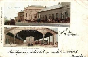 Székesfehérvár, Vasútállomás, indóház, faszerkezetes váró vonatokkal. Kaufmann F. kiadása (EB)