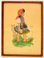 Olvashatatlan jelzéssel: Kislány a libával. Akvarell, papír, üvegezett keretben, 33×26 cm