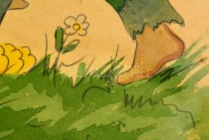 Olvashatatlan jelzéssel: Fiú  a kakassal. Akvarell, papír, üvegezett keretben, 33×26 cm