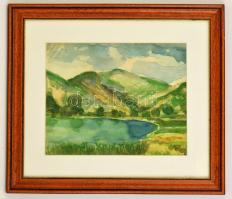 Jelzés nélkül: Vízpart hegyekkel. Akvarell, papír, üvegezett keretben, 24×32 cm
