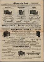 cca 1904 Rietzschels Clack fényképezőgép prospektus, korabeli reklámokkal, német nyelven, 4 sztl. lev. / cca 1904 Camera brochure of Rietzschels Clack, with contemporary addvertisments, in German language.