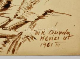 Sostarics Lajos (1896-1968): Óbuda, Hévízi út, tus, papír, jelzett, kartonra ragasztva, 23×33 cm