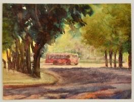 Sostarics Lajos (1896-1968): Városliget busszal. Akvarell, papír, jelzett,15×20 cm