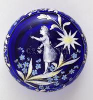 Régi parádi bonbonier,  zománc festett, jelzés nélkül, kopott, réz szerelékkel, m:10 cm, d:12 cm