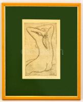 Borsos Miklós (1906-1990): Női akt háttal. Rézkarc, papír, jelzett, üvegezett keretben, 29×18 cm