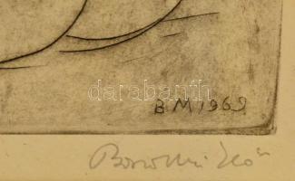 Borsos Miklós (1906-1990): Női akt háttal. Rézkarc, papír, jelzett, üvegezett keretben, 29×18 cm