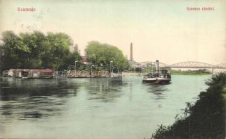 Szatmárnémeti, Satu Mare; Szamos részlet gőzhajóval, vízi házakkal, háttérben gyárkémény és híd. Barth Józsefné kiadása / river Somes, steamship, water houses, factory chimney and bridge in the background