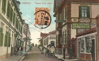 Yantai, Chefoo, Zhifu; French Post office, cafe and restaurant, shops of J.G. Myrciades & Co General Tobacconists and H. Sietas & Co., Published by J.G. Myrciades & Co. TCV card