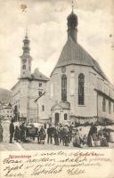 Selmecbánya, Schemnitz, Banska Stiavnica; Szent Katalin templom, Piaci árusok, Hitelszövetkezet / church, market vendors, credit union