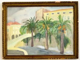 Cserna jelzéssel: Pálmafák a hídnál. Akvarell, papír, üvegezett keretben, 28×38 cm