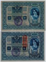1902. 1000K (2x) mindkettő piros Deutschösterreich felülbélyegzéssel és hamis BEREG 20 ARTIL COLONIAL ARMÉE DHONGRIE felülbélyegzéssel (fake overprint) T:III