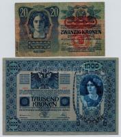 1902. 1000K + 1913. 20K mindkettő piros "Deutschösterreich" felülbélyegzéssel és hamis &qu...