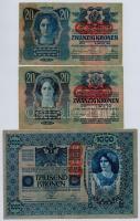 1902. 1000K + 1913. 20K (2xklf) egyik II. kiadás; mindhárom bankjegy piros "Deutschösterreich&q...