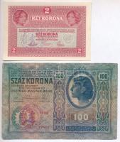 1912. 100K + 1917. 2K mindkettő hamis "Tolna Vármegye Bonyhád Község 1919" felülbélyegzéssel (fake overprint) T:III,I-