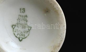 Zsolnay virág mintás tégely, matricás, jelzett, kopott, m:4,5 cm