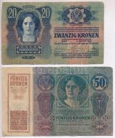 1913. 20K + 1914. 50K mindkettő hamis "Mohács Város Pénztári Hivatala 1919" felülbélyegzés...