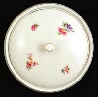 Holloházi virág mintás bonbonier, matricás, jelzett, kopott, d:14 cm