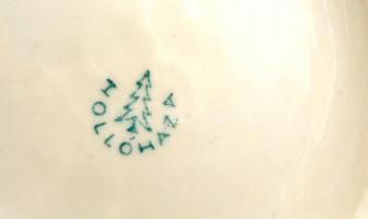 Holloházi virág mintás bonbonier, matricás, jelzett, kopott, d:14 cm