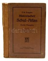 F. W. Putzgers: Historischer Schul-Atlas. Bielefeld-Leipzig, 1928, Verlhagen&Klasing, 15+168 p. Német nyelven. Kiadói kopott borítóval, megviselt állapotban, kopott borítóval, sérült gerinccel, kijáró lapokkal, két oldalon felületi sérüléssel, egy amatőr módon javított lappal (5,6;7,8.) /Linen-binding, in poor condition, with worn cover, damaged spine, some pages are coming out, two damaged pages, one page repaired. (5,6;7,8.)