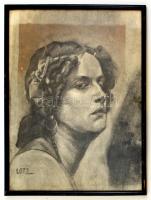 Lotz jelzéssel: Női portré. Szén, papír, üvegezett keretben, 42×34 cm